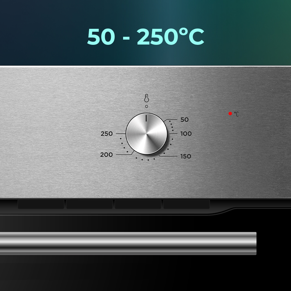 Panel de control del horno con un dial de temperatura, de 50 a 250 grados Celsius. Una luz roja indica la temperatura.