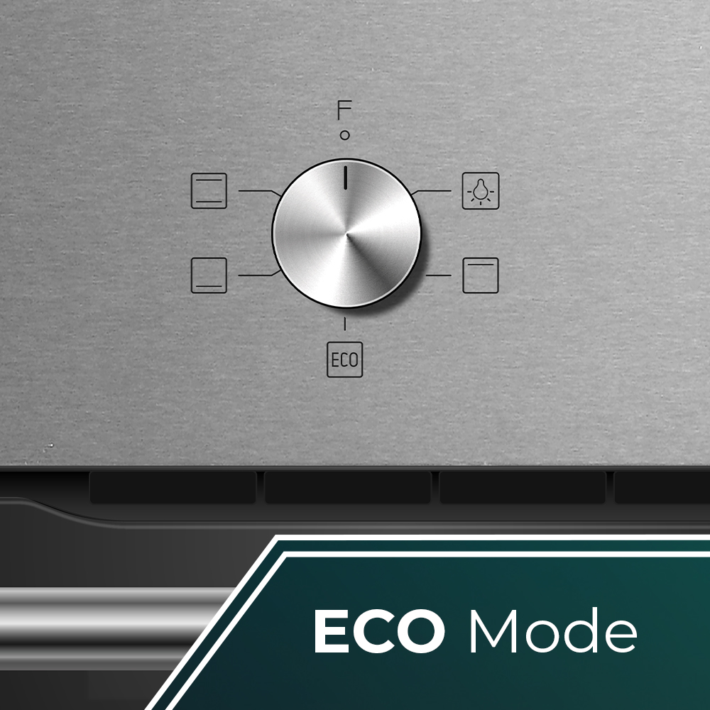 Primer plano del panel de control de un horno. Cuenta con una perilla metálica, símbolos y el texto 'ECO Mode' abajo.