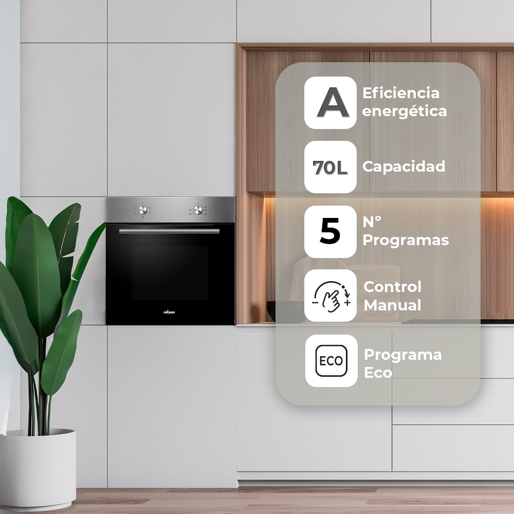 Una cocina moderna con horno empotrado. Características: eficiencia energética, 70L capacidad, 5 programas, control manual y programa eco.