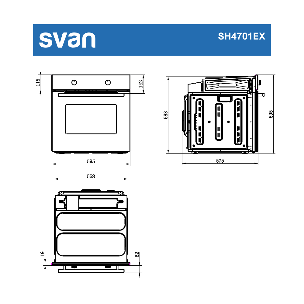 Diagrama de un horno, que muestra vistas frontal, lateral y superior. Las dimensiones están etiquetadas en milímetros. La marca es Svan.