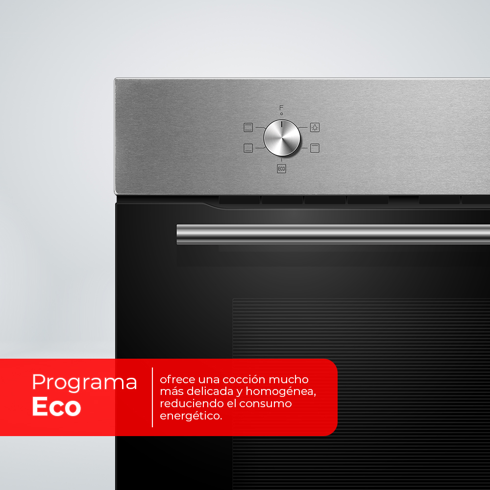 Primer plano de un horno de acero inoxidable. Cuenta con un panel de control, una manija y un cuadro rojo con texto que describe el modo 'Eco'.