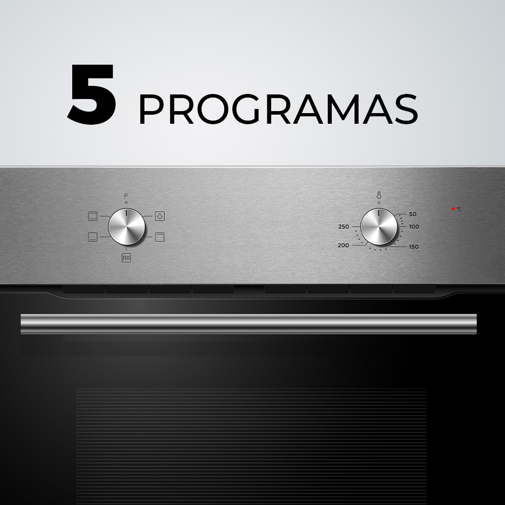 Horno con mandos y pantalla digital. El horno es de acero inoxidable con puerta de cristal negra y un asa.