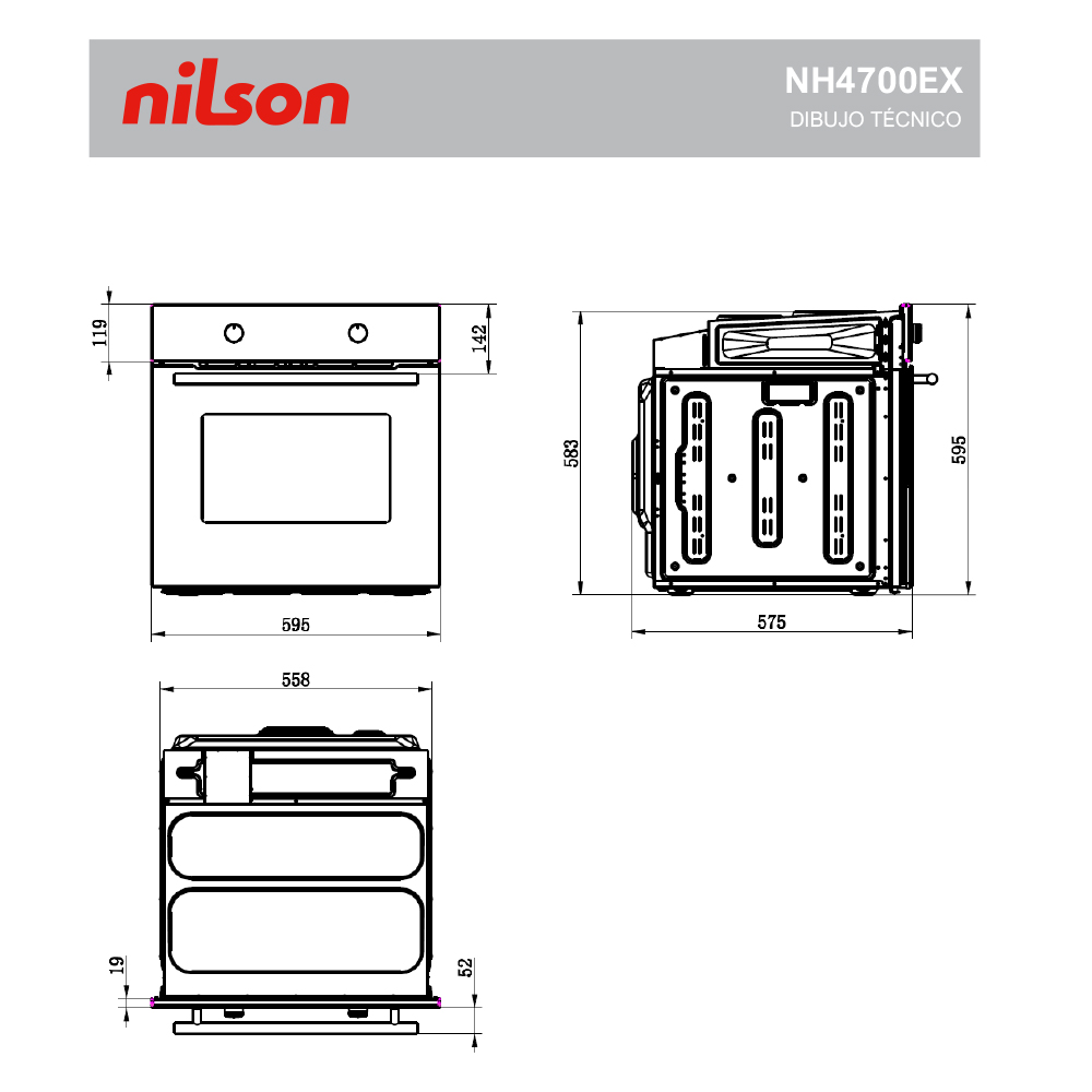 Dibujo técnico de un horno Nilson. Muestra vistas frontal, lateral y superior con dimensiones. Texto incluye modelo NH4700EX.