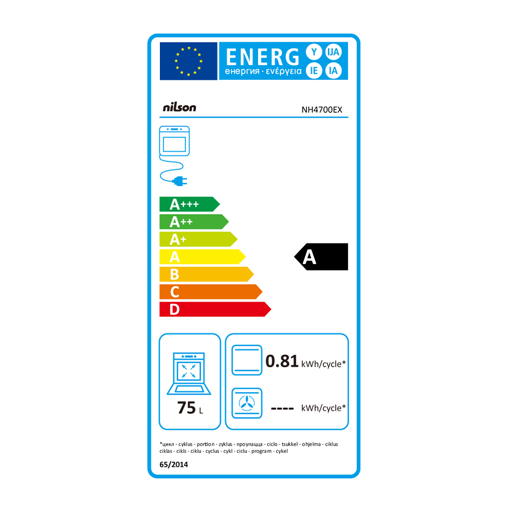 Etiqueta energética para un horno nilson. Muestra las clasificaciones de eficiencia energética de A+++ a D, siendo A la más eficiente.