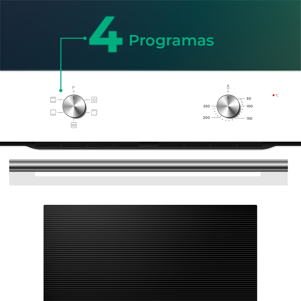 Panel de control del horno con diales, botones y pantalla. Controles de temperatura y selección de programa visibles.