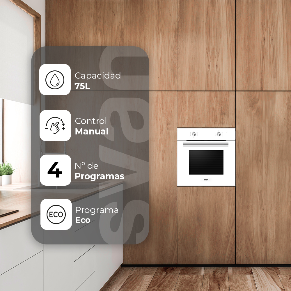 Un horno blanco está empotrado en armarios de madera. Iconos de información: Capacidad 75L, control manual, 4 programas y programa Eco.