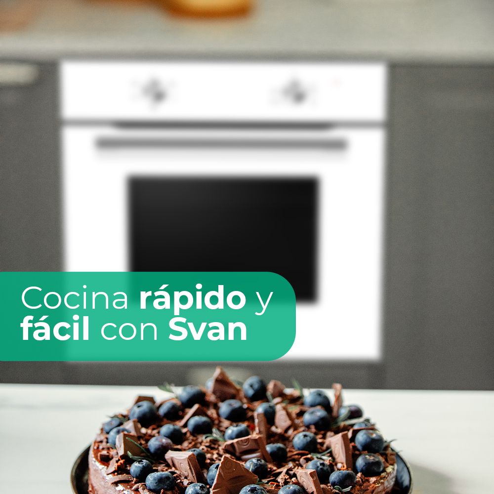 Un pastel de chocolate con arándanos y trozos de chocolate se encuentra frente a un horno blanco borroso en una cocina.