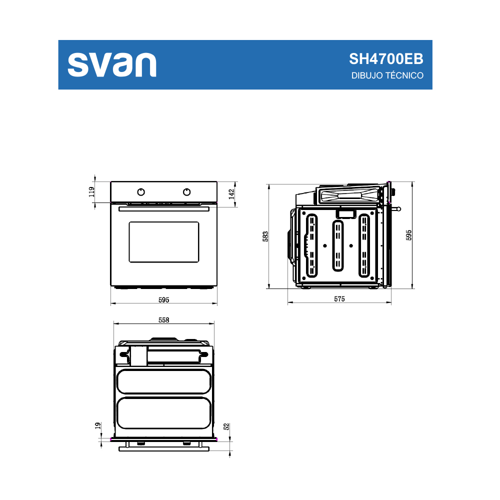 Dibujo técnico de un horno Svsn. Muestra vistas frontal, lateral y superior con dimensiones. Detalles incluyen horno, panel de control y otras partes.