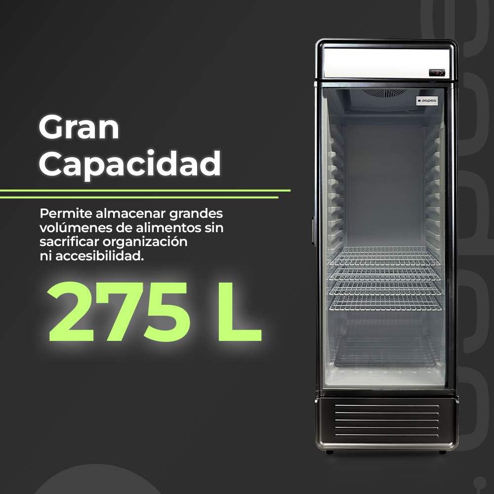 Un refrigerador comercial con puerta de vidrio. Texto: Gran Capacidad, 275 L. El refrigerador tiene estantes y un diseño en blanco y negro.