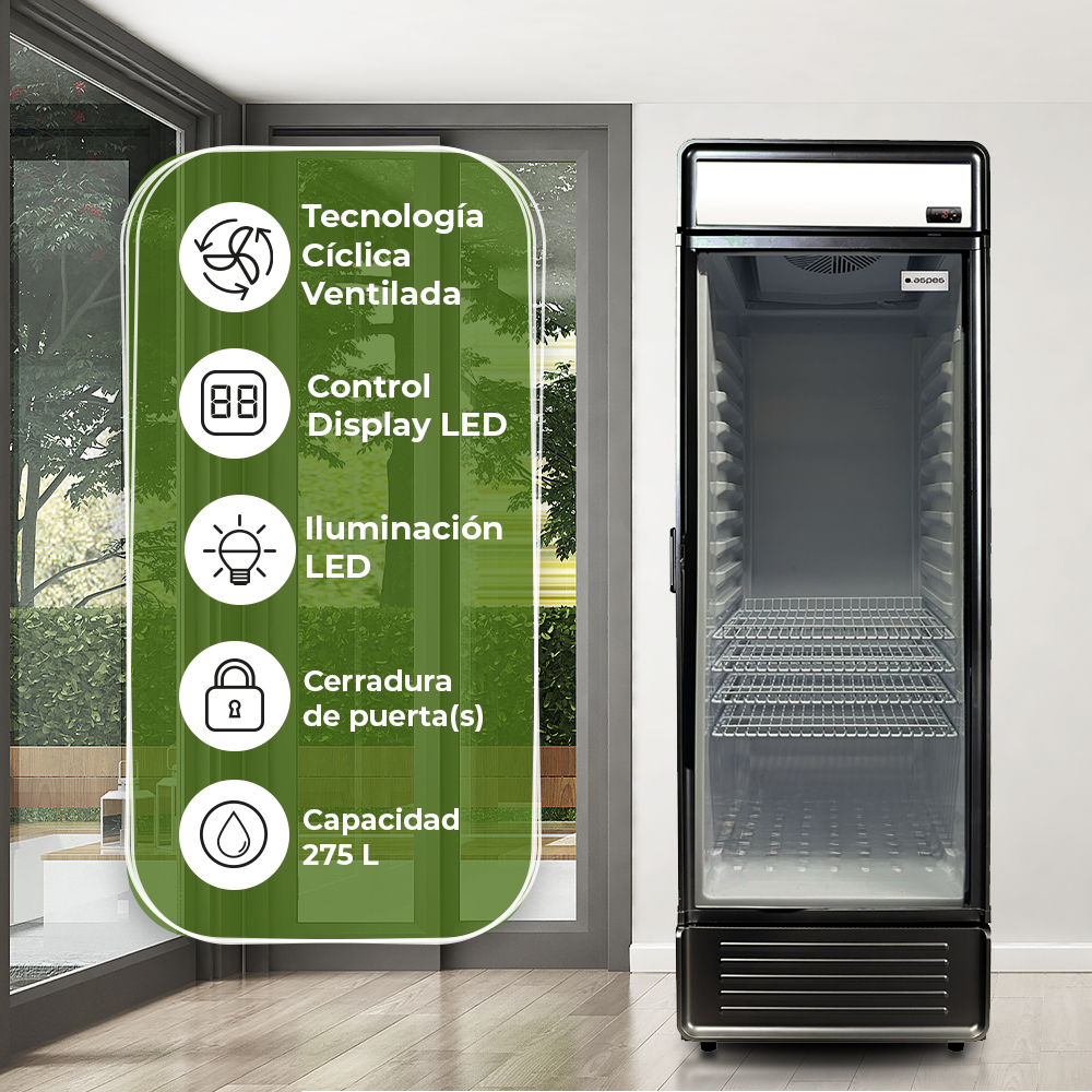Un refrigerador comercial con puerta de vidrio sobre suelo embaldosado. Características: iluminación LED, cerradura y capacidad de 275L.