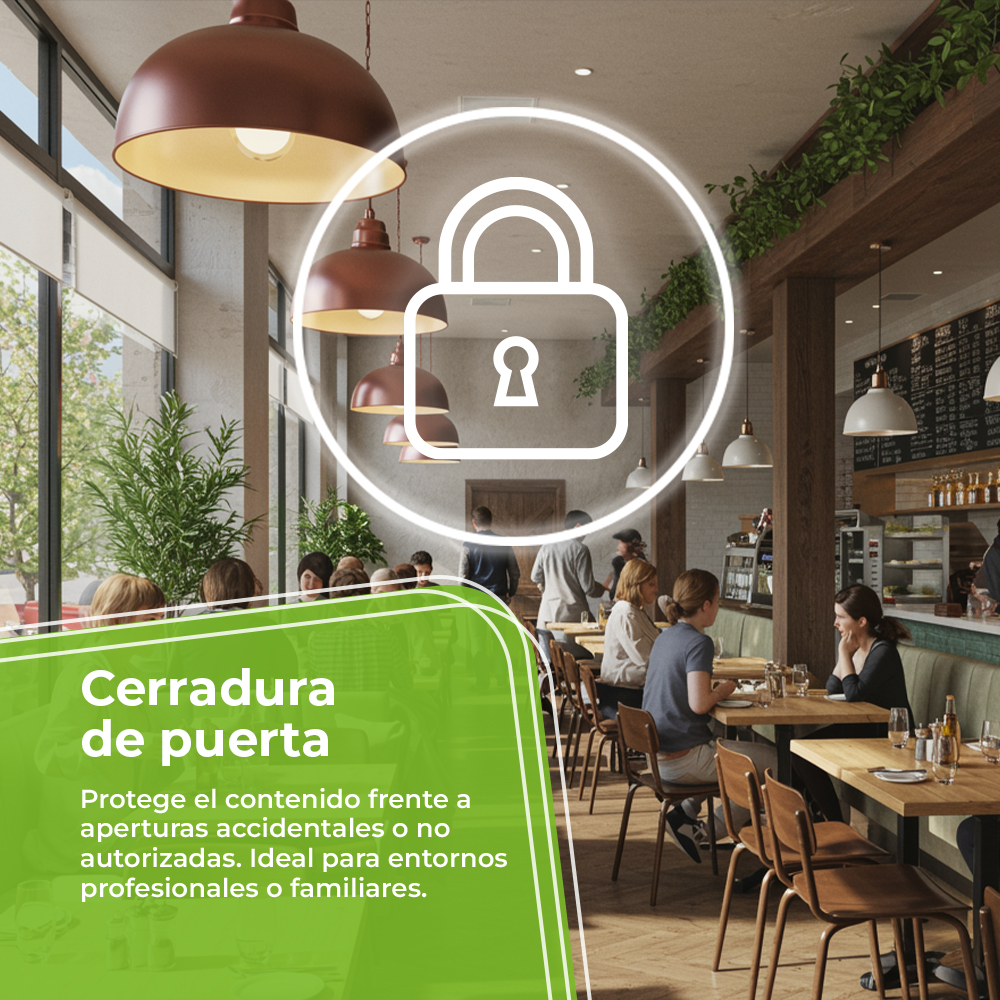 Interior de restaurante con gente sentada en mesas. Un icono de candado está superpuesto. El texto dice 'cerradura de puerta' y 'protege contenido'.