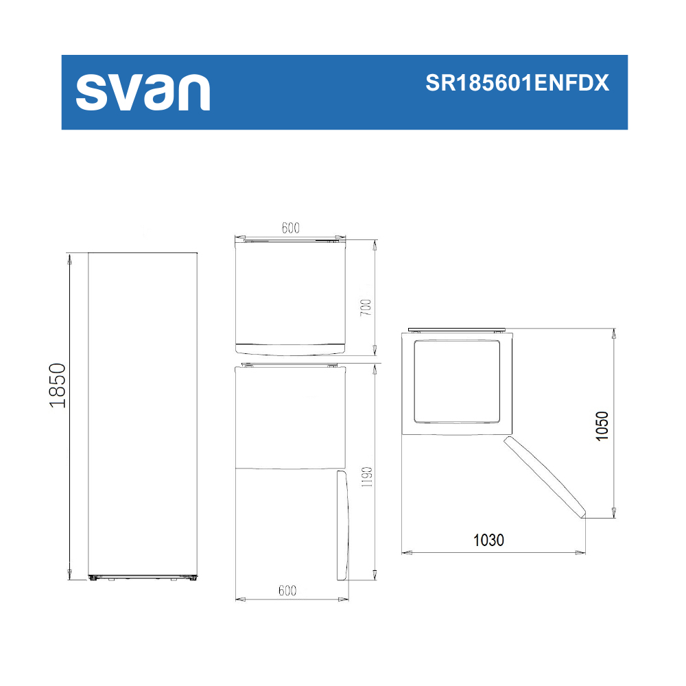Diagrama de un refrigerador Svan. Dimensiones: 1850x600, 700x600, 1050x1030. Texto: SR185601ENFDX.