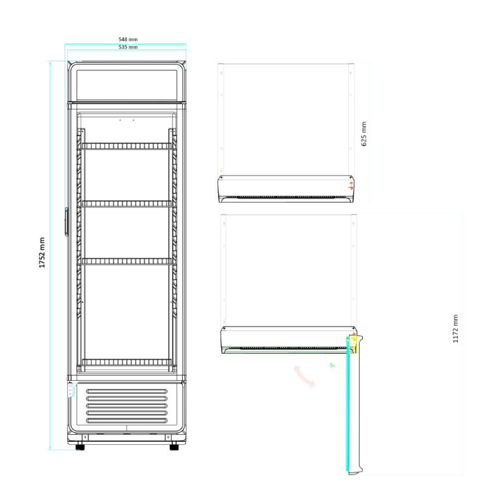 Diagrama esquemático de un refrigerador con dimensiones en milímetros. Muestra vistas frontal y lateral, y componentes.