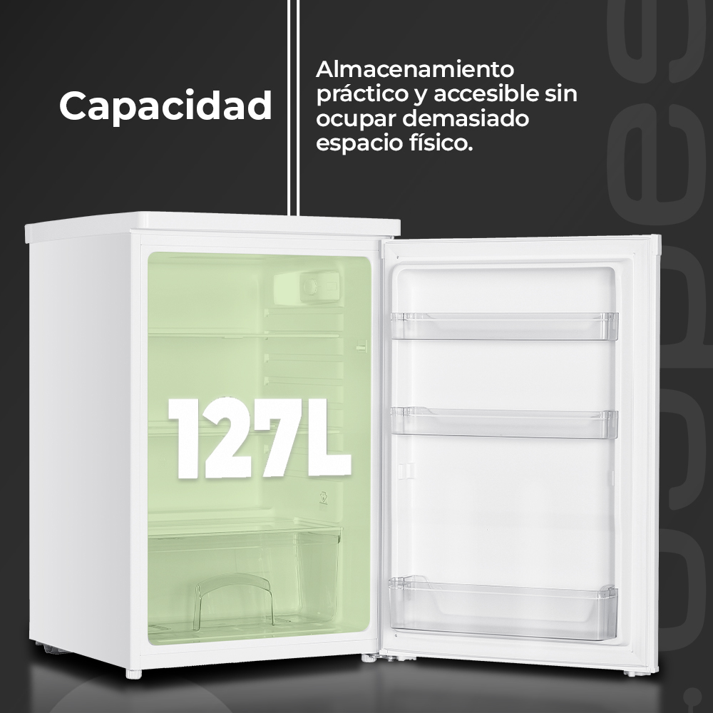 Un mini-refrigerador blanco con la puerta abierta. La capacidad de 127L es visible en el interior verde. Texto: almacenamiento práctico y accesible.