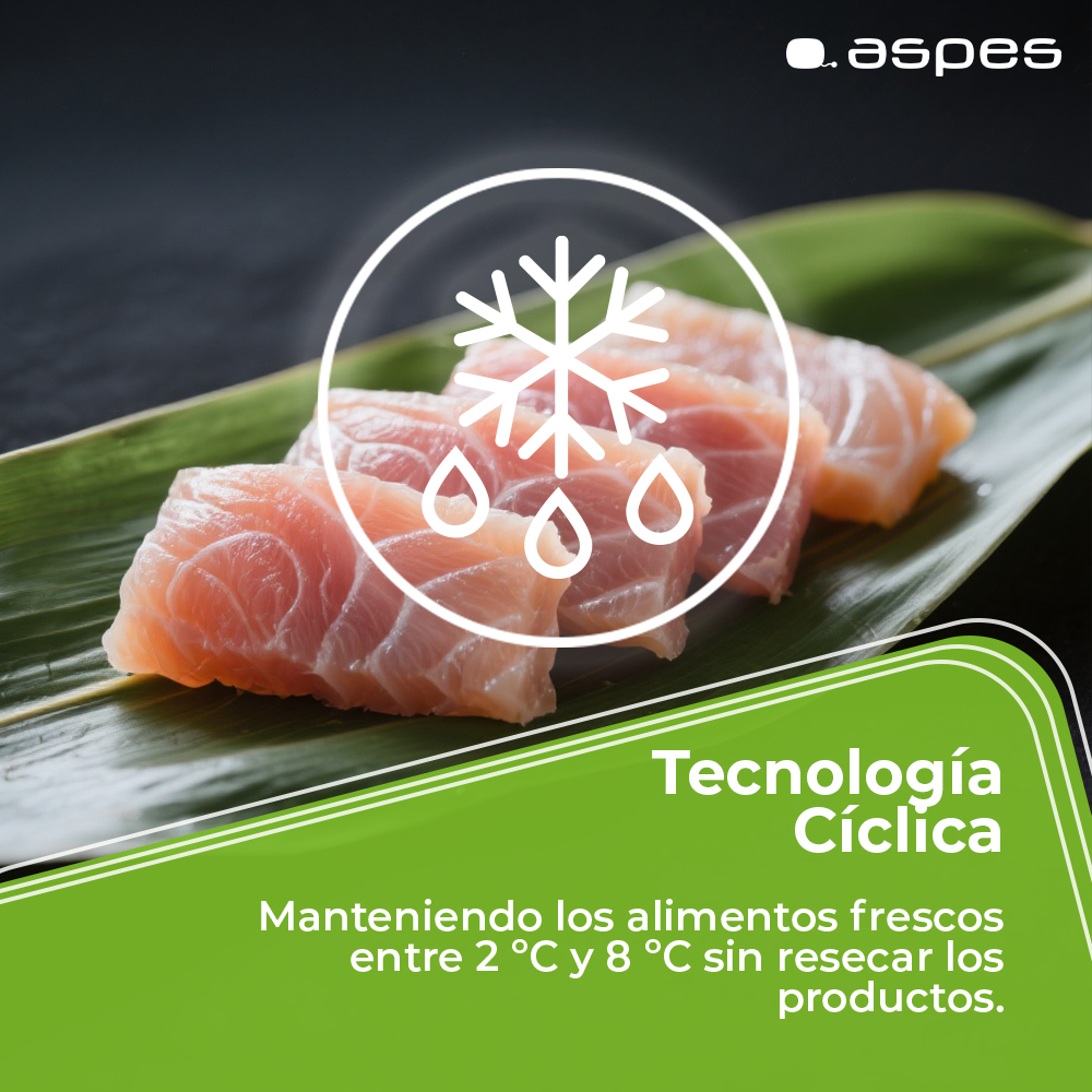 Rebanadas de salmón en una hoja, con un símbolo de copo de nieve y gotas de agua. Texto: 'manteniendo alimentos frescos entre 2°C y 8°C'.
