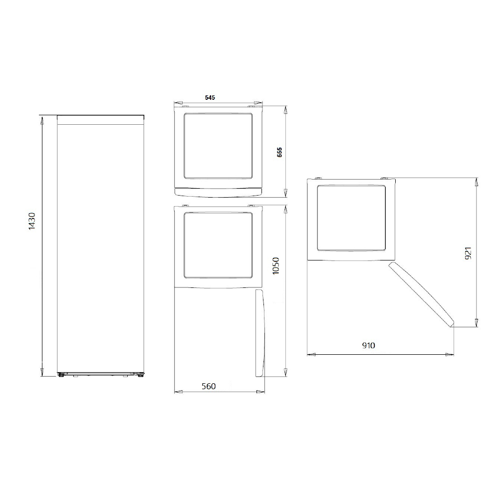 Dibujo técnico de electrodomésticos. Incluye un rectángulo alto, dos cuadrados, un rectángulo con borde curvo y líneas de dimensión.