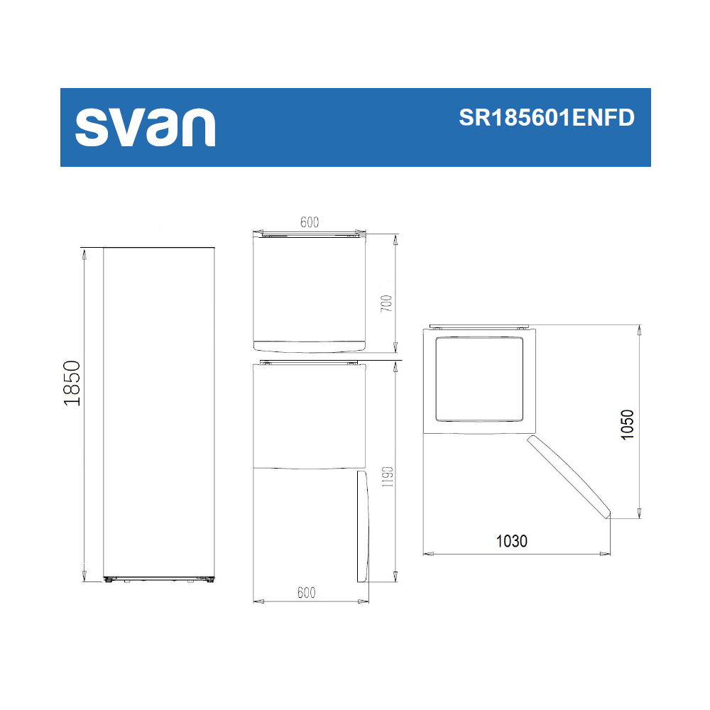 Un diagrama blanco de un refrigerador con dimensiones en milímetros. La marca es Svan. Número de modelo SR185601ENFD.