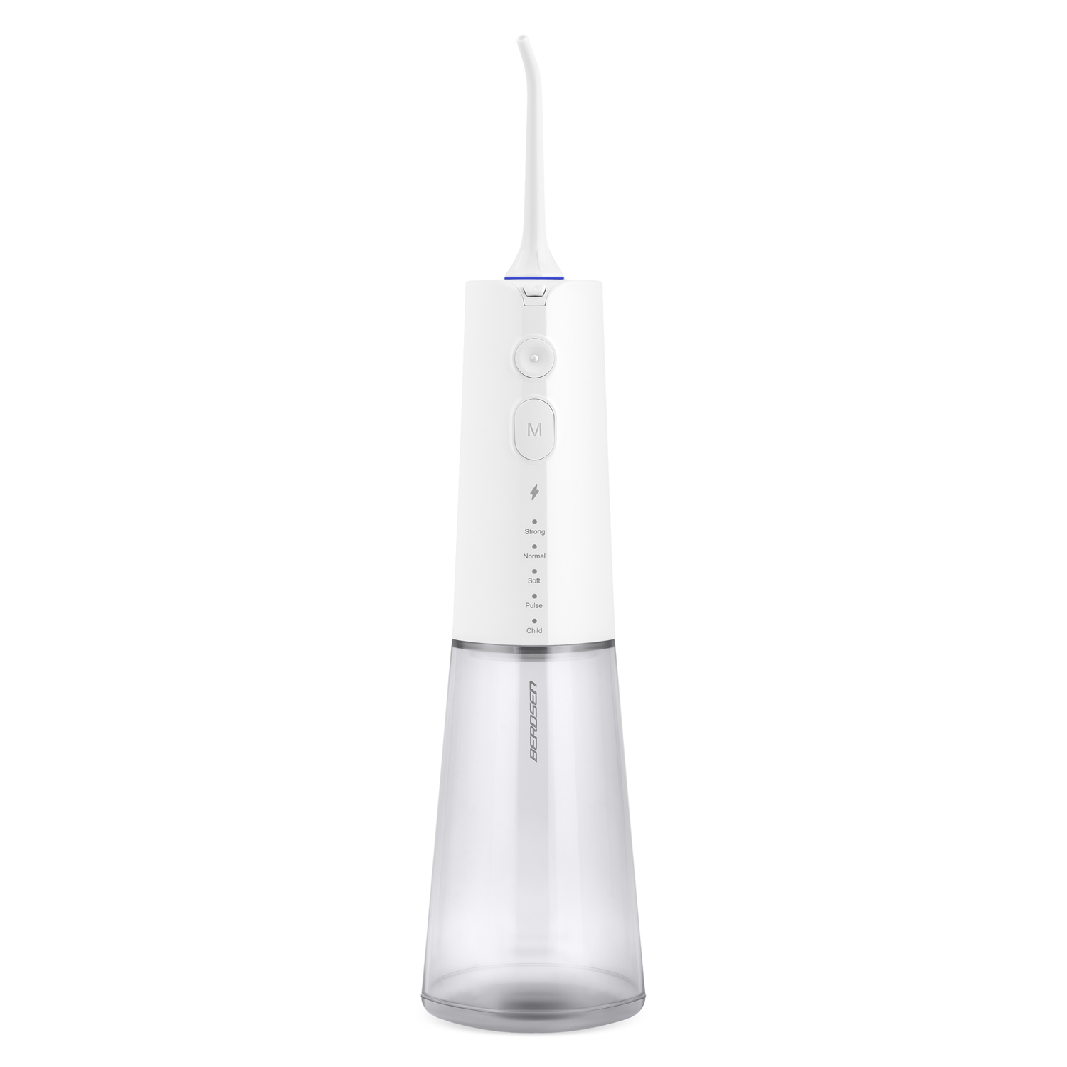 Biały irygator do jamy ustnej. Ma długą dyszę, przyciski i przezroczysty zbiornik na wodę. Marka to 'BEROSEN'.