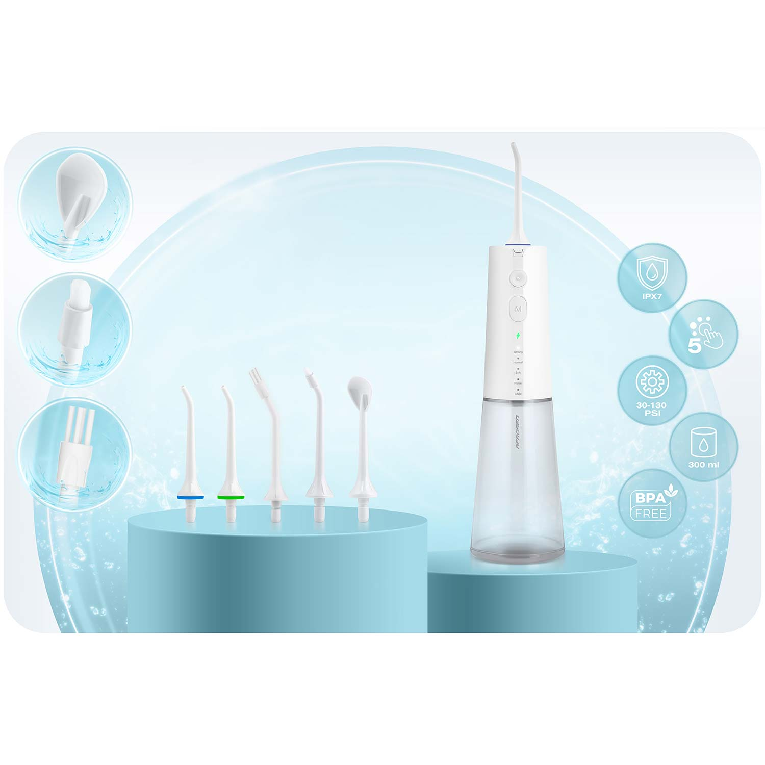 Biały irygator do jamy ustnej z różnymi dyszami. Znajduje się na jasnoniebieskiej platformie z ikonami wskazującymi cechy, takie jak ciśnienie i pojemność.
