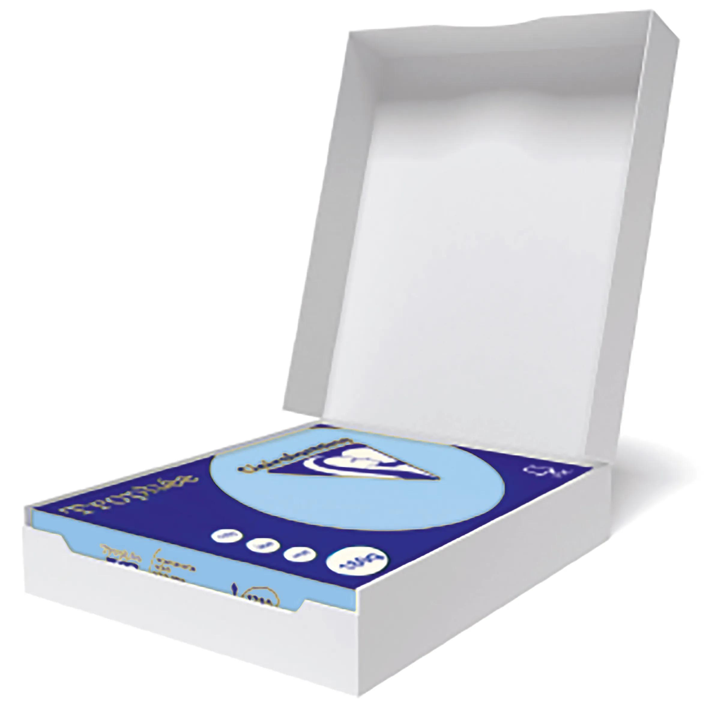Una caja blanca abierta contiene un paquete azul y blanco. El paquete tiene texto y logotipos.