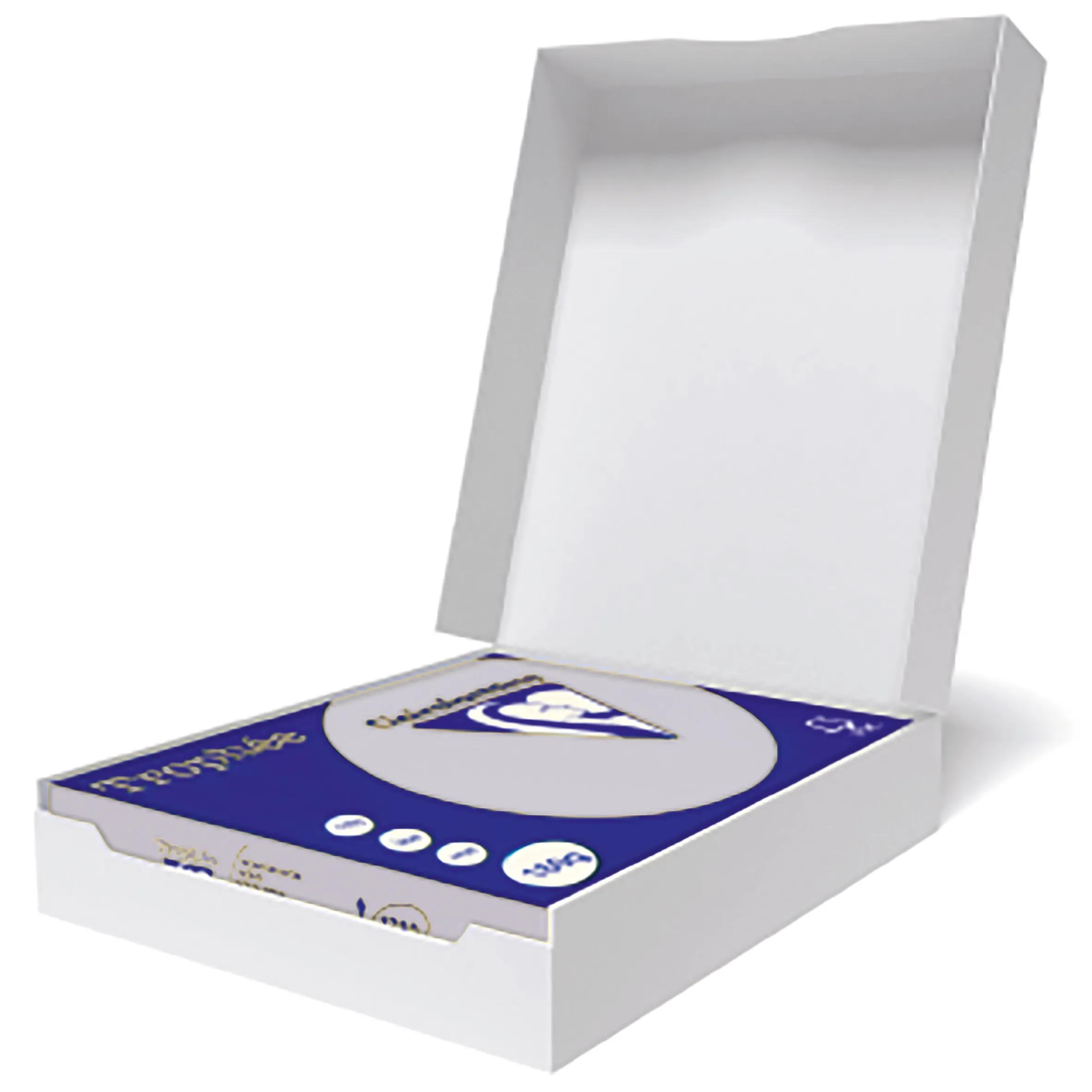 Caja blanca abierta con embalaje azul y blanco. El embalaje tiene texto y un logotipo.