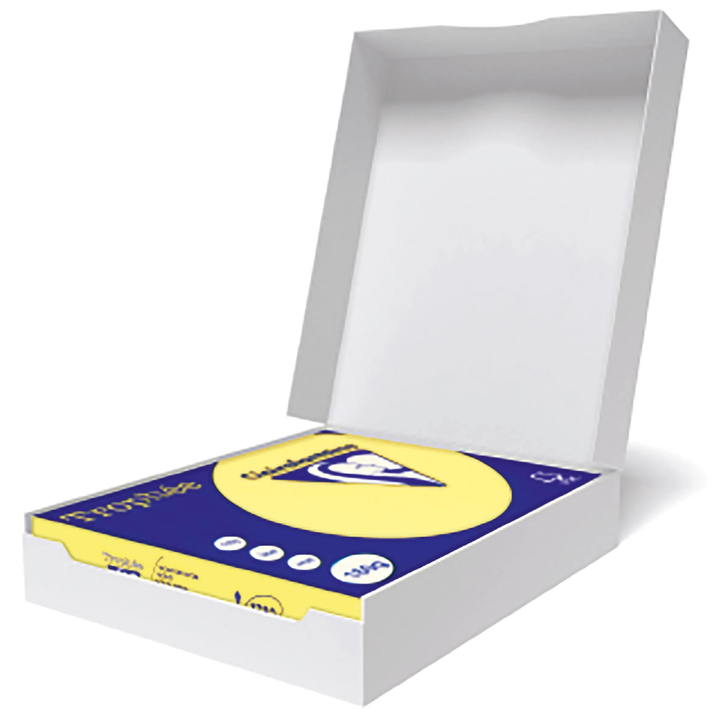 Una caja blanca con tapa abierta, que revela tarjetas amarillas y azules en su interior. La caja está sobre fondo blanco.