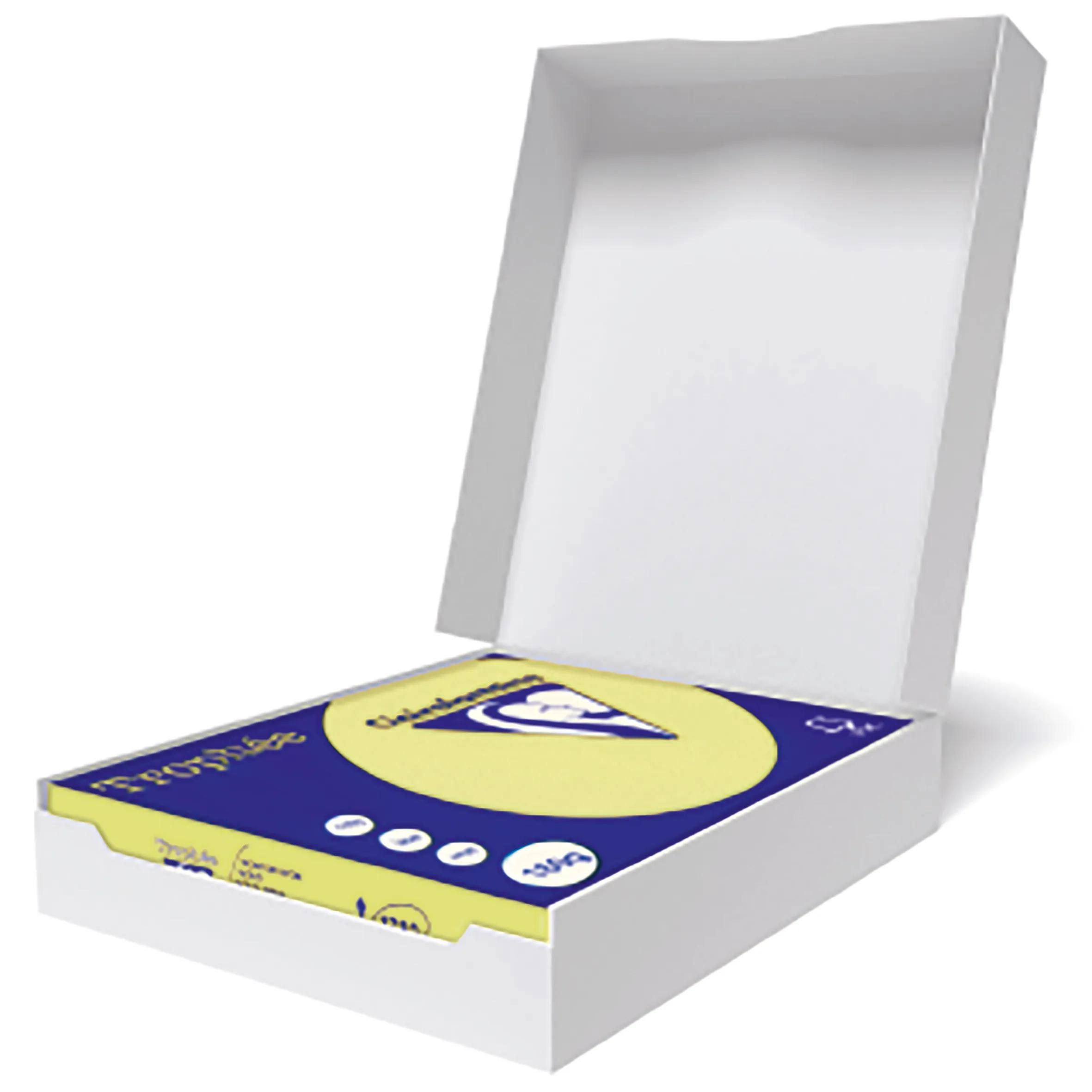 Caja blanca abierta con producto azul y amarillo. Fondo blanco, iluminado desde arriba.