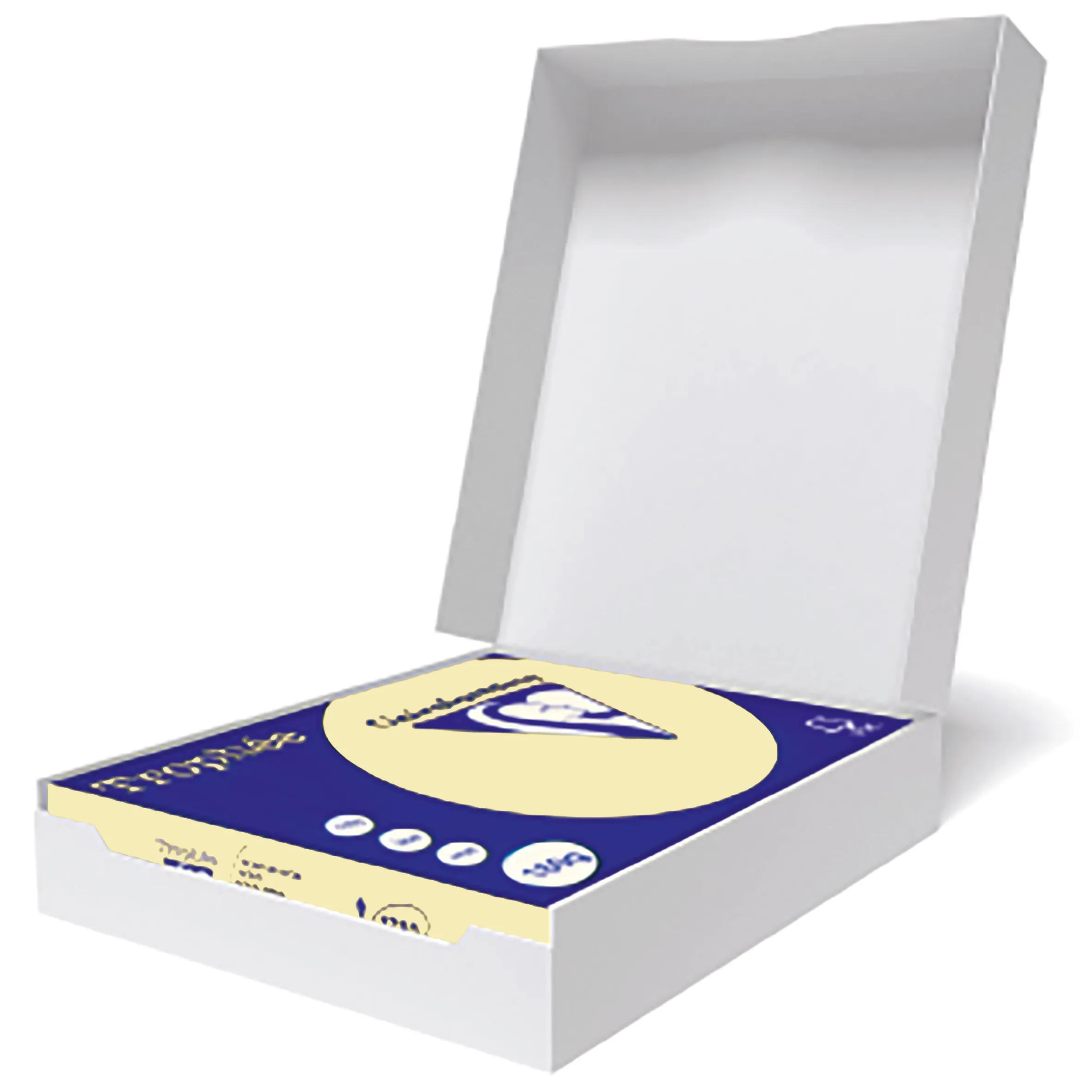 Una caja blanca con tapa abierta, que revela una pila de tarjetas dentro. Las tarjetas tienen un diseño azul y amarillo.
