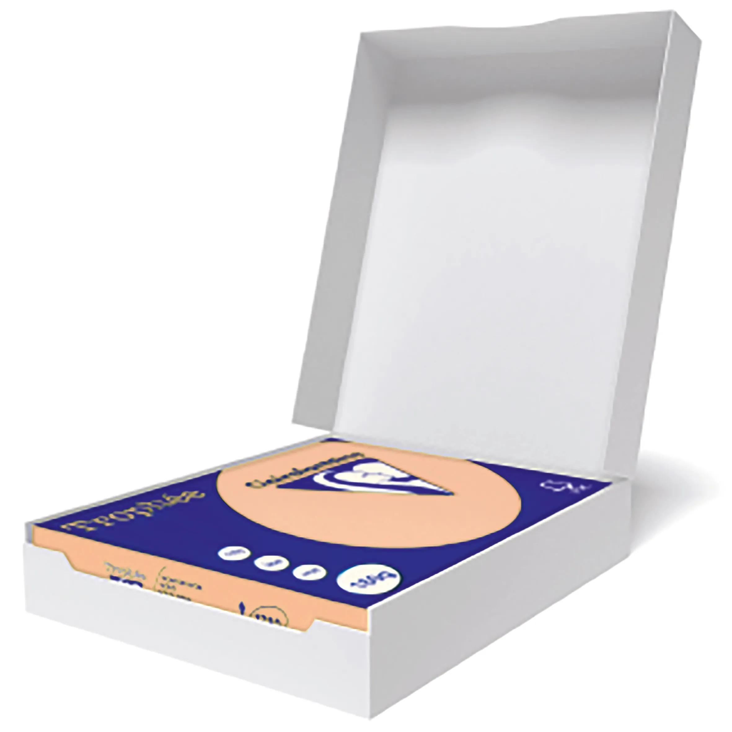 Una caja blanca, parcialmente abierta, revela un paquete azul y beige con texto y logotipo.