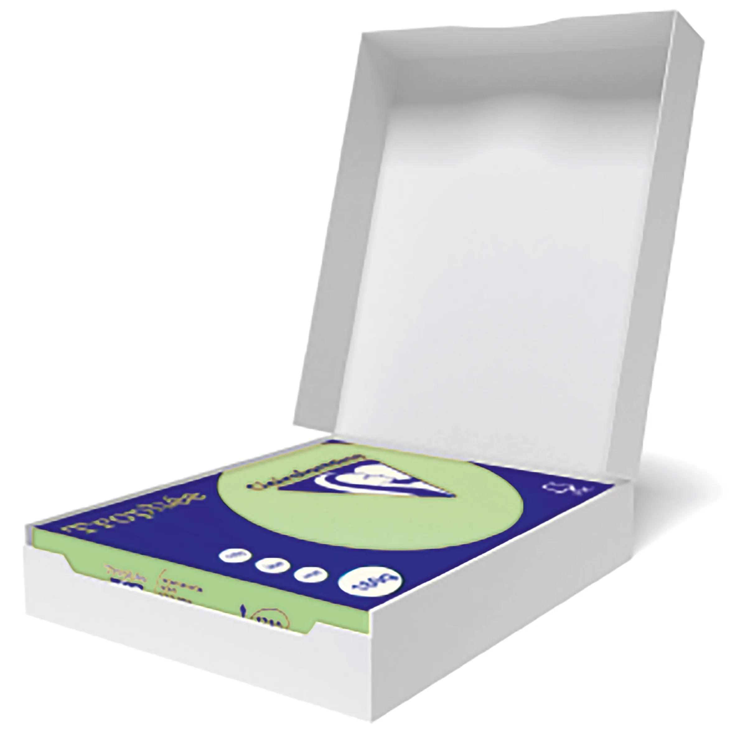 Caja blanca abierta, libro con cubierta azul y verde. Sobre fondo blanco.