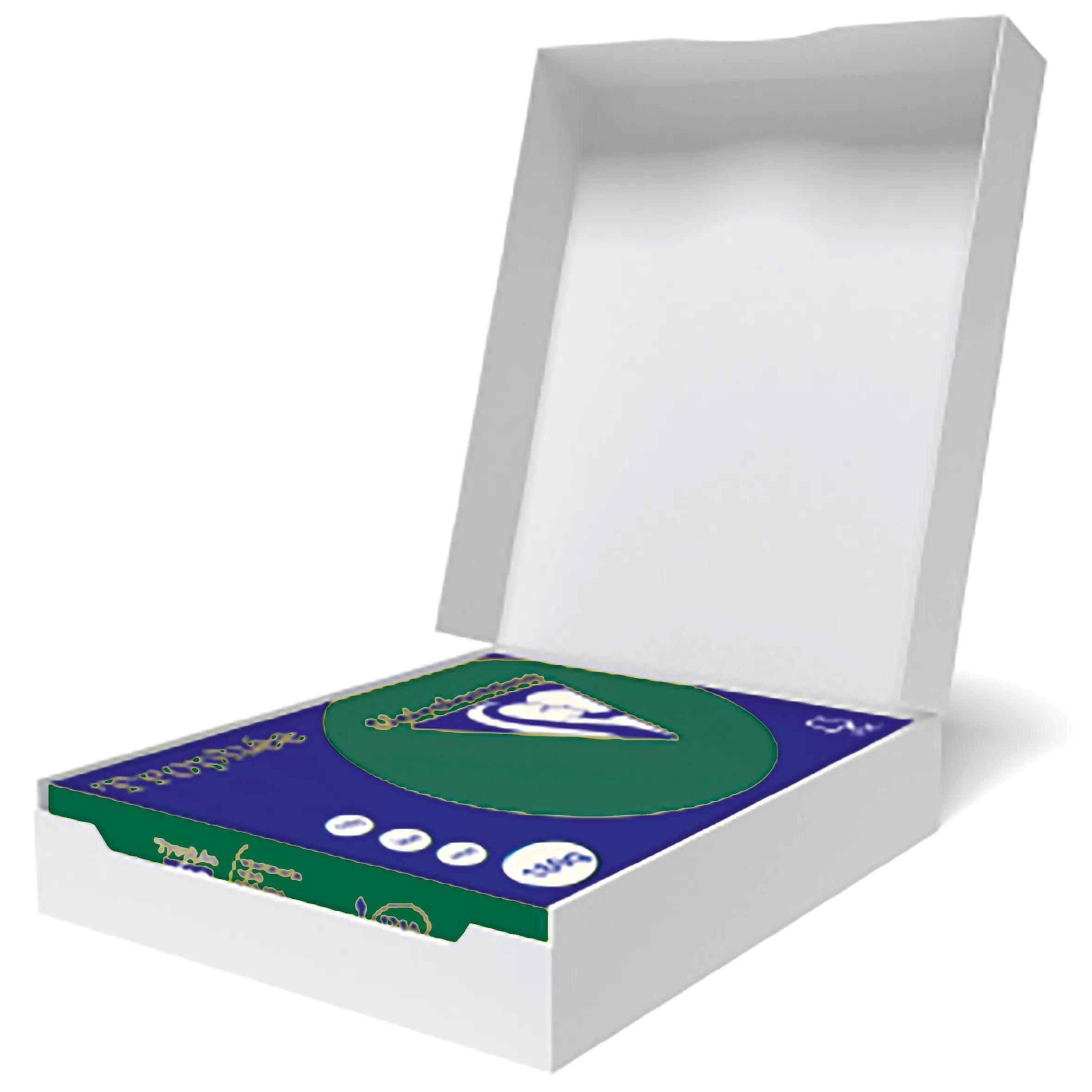 Una caja blanca con tapa abierta, que revela un objeto azul y verde. El objeto tiene forma circular.