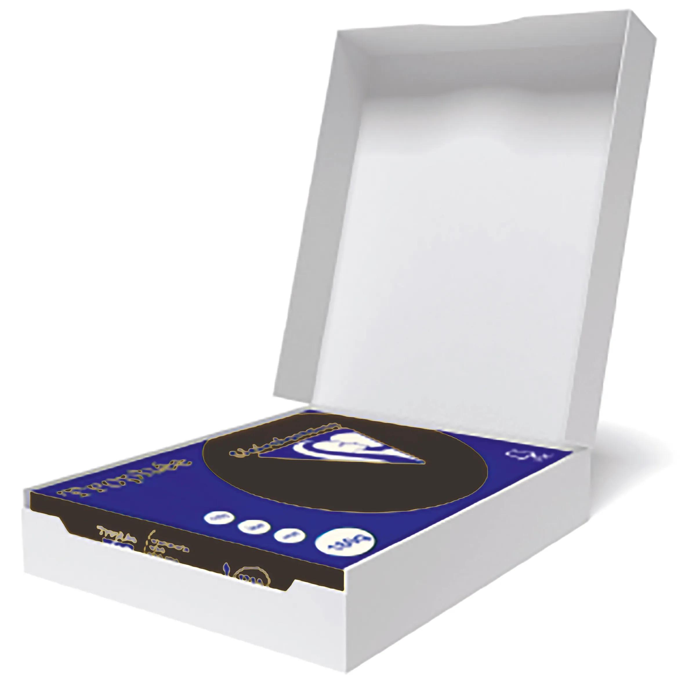 Caja blanca abierta con contenido azul y negro. Se ve un gráfico de una porción de pizza en el contenido.