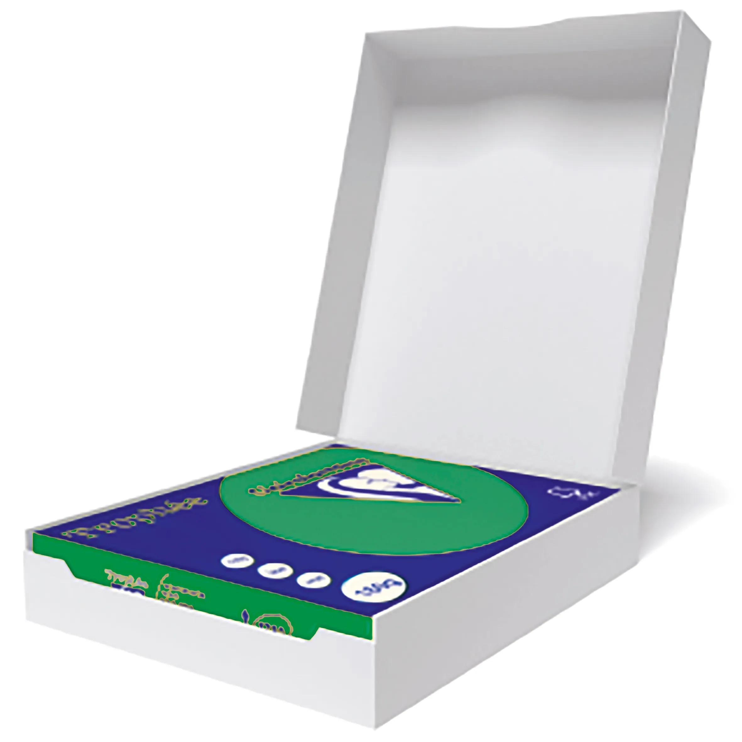 Caja blanca abierta con una caja azul y verde dentro. La caja interior tiene texto y símbolos.