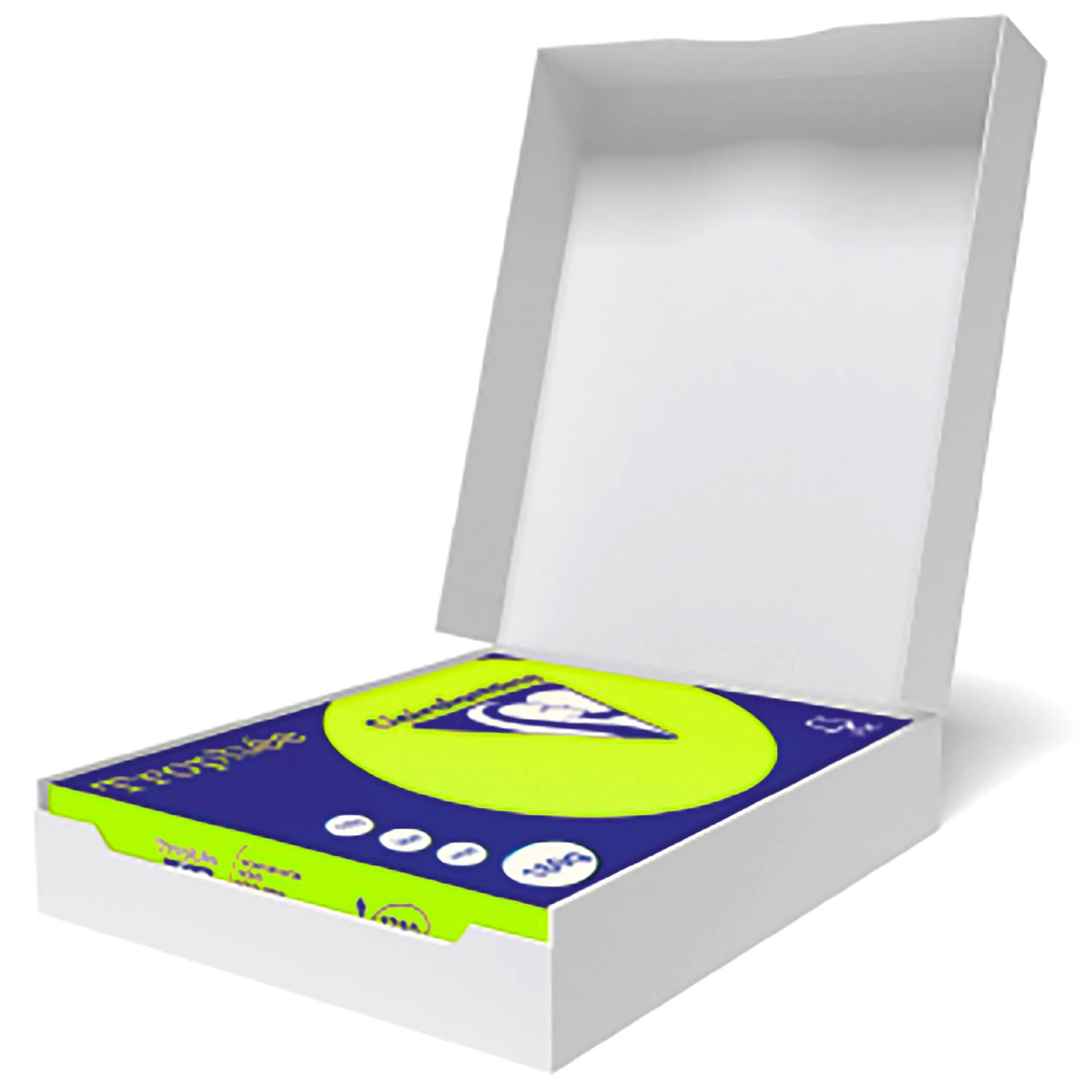 Caja blanca abierta con contenido azul y verde. Un logotipo con un triángulo es visible en la parte superior.