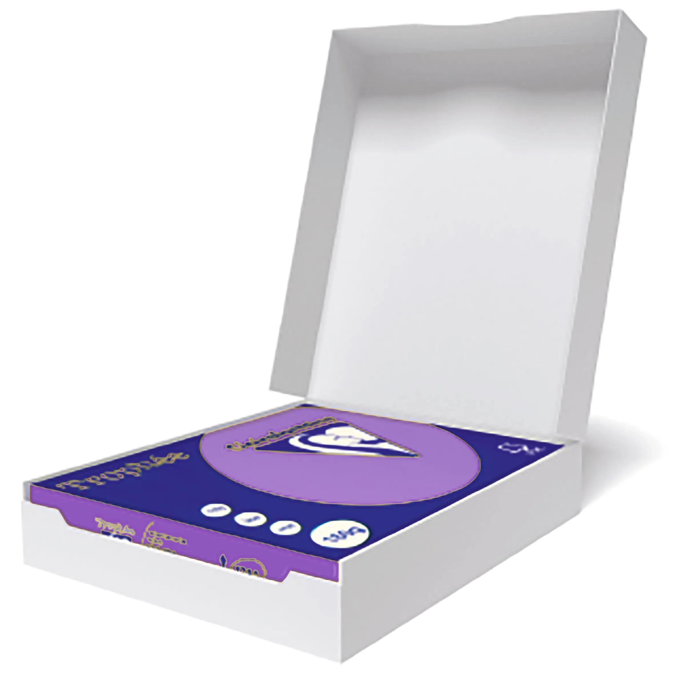 Una caja blanca con la tapa abierta revela una caja morada y azul en el interior. La caja interior tiene texto y diseño.