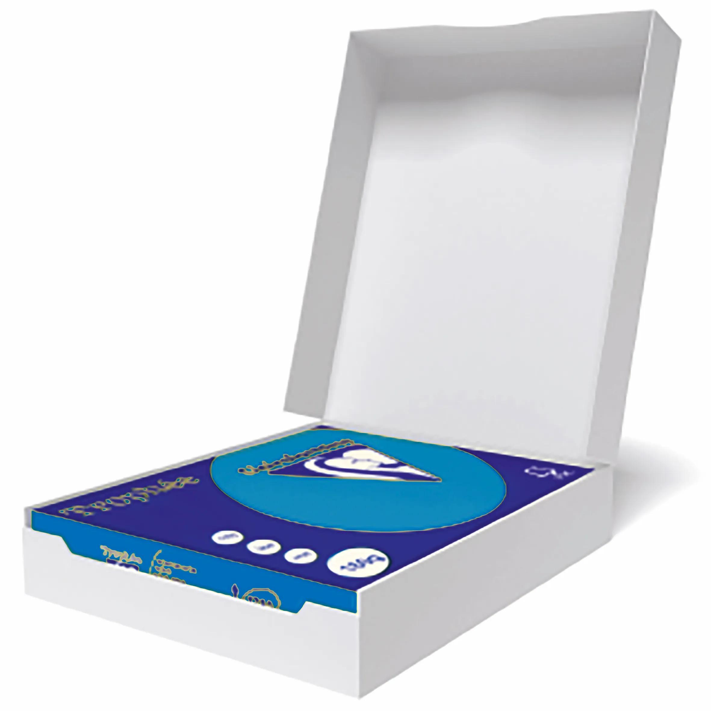 Una caja blanca con un contenedor azul dentro. El contenedor tiene un diseño circular y texto.