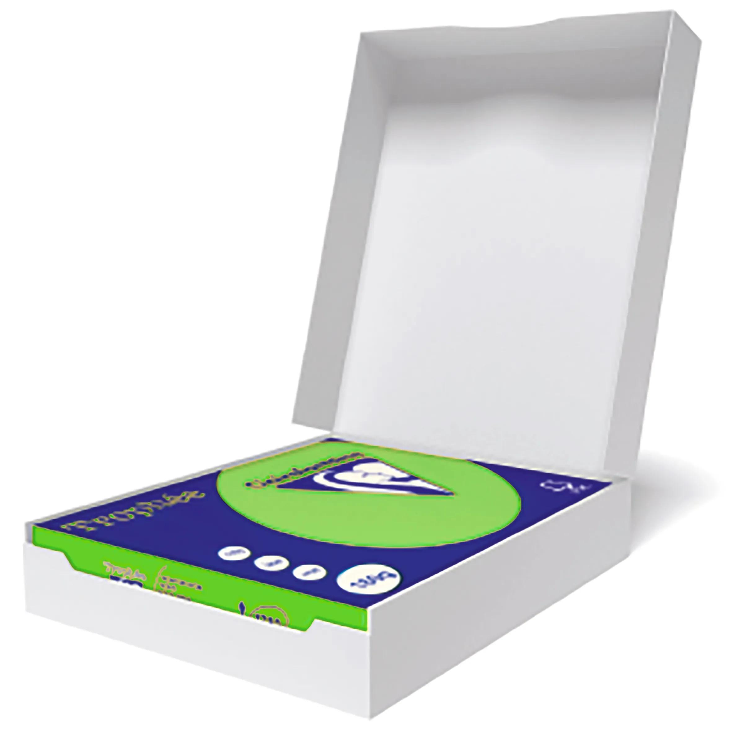 Una caja blanca con la tapa ligeramente abierta. Dentro, un objeto azul y verde con texto y un logotipo.