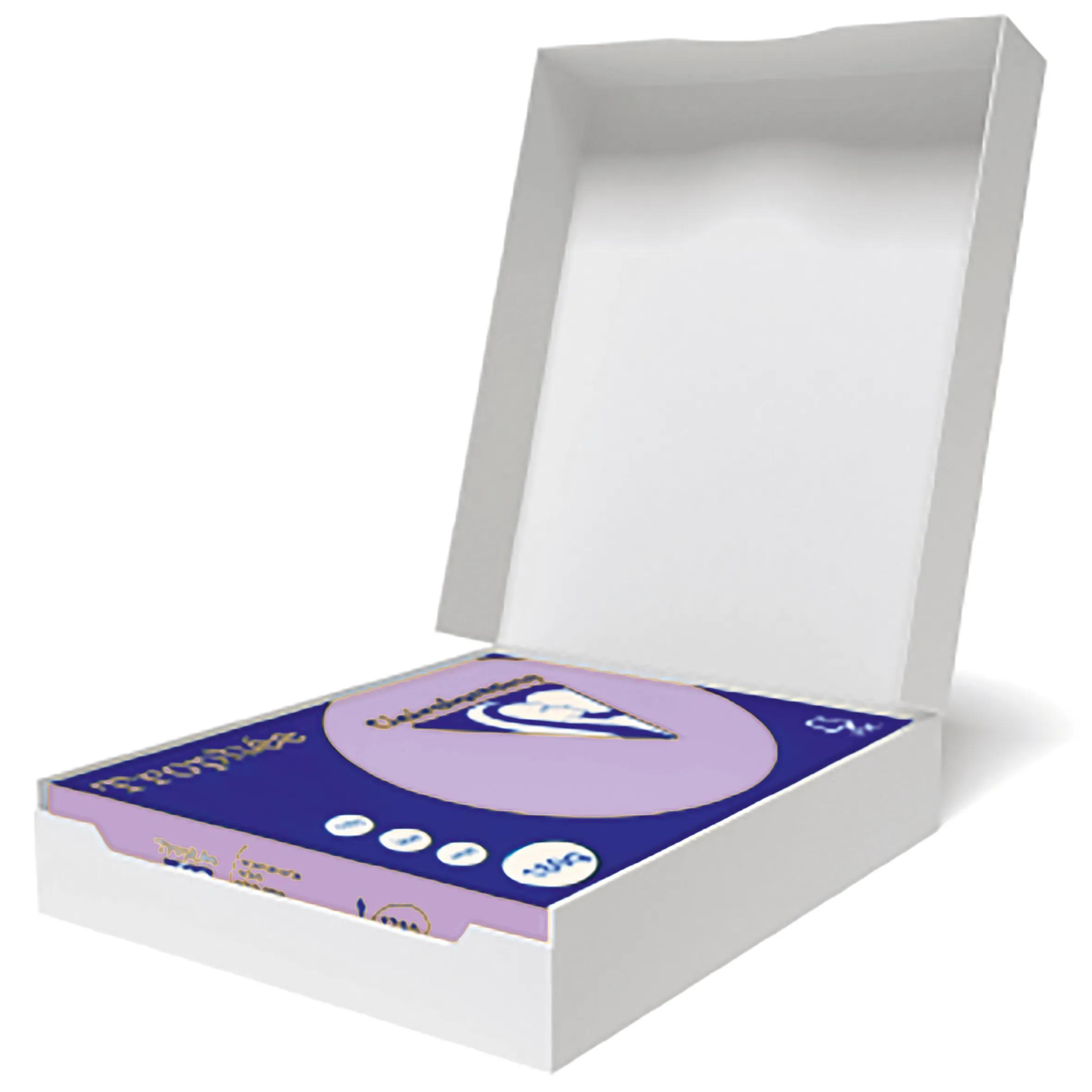 Caja blanca abierta con una caja morada y azul dentro. La caja interior tiene texto y un logotipo triangular.
