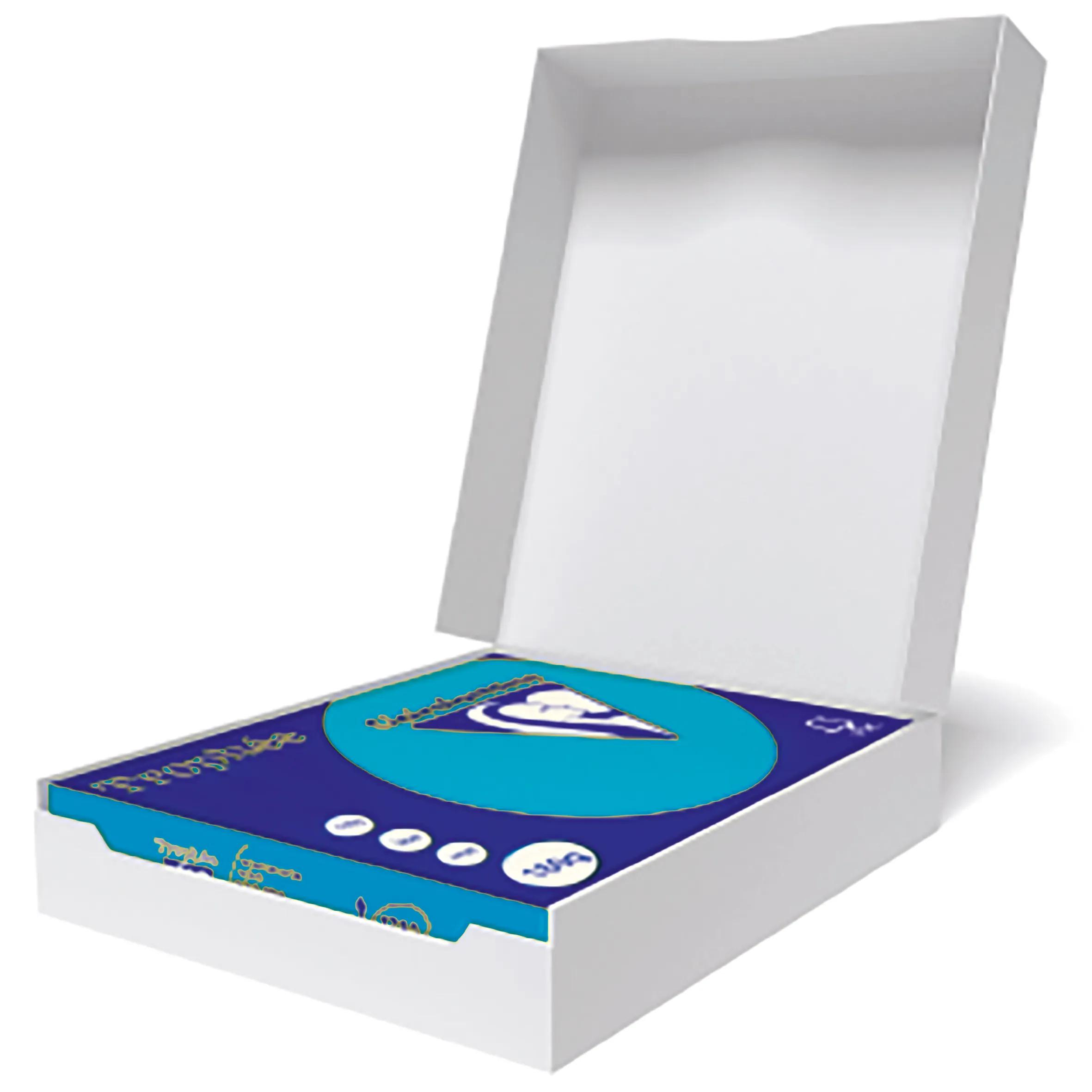 Caja blanca abierta con una caja azul dentro. La caja azul tiene un diseño circular y texto.