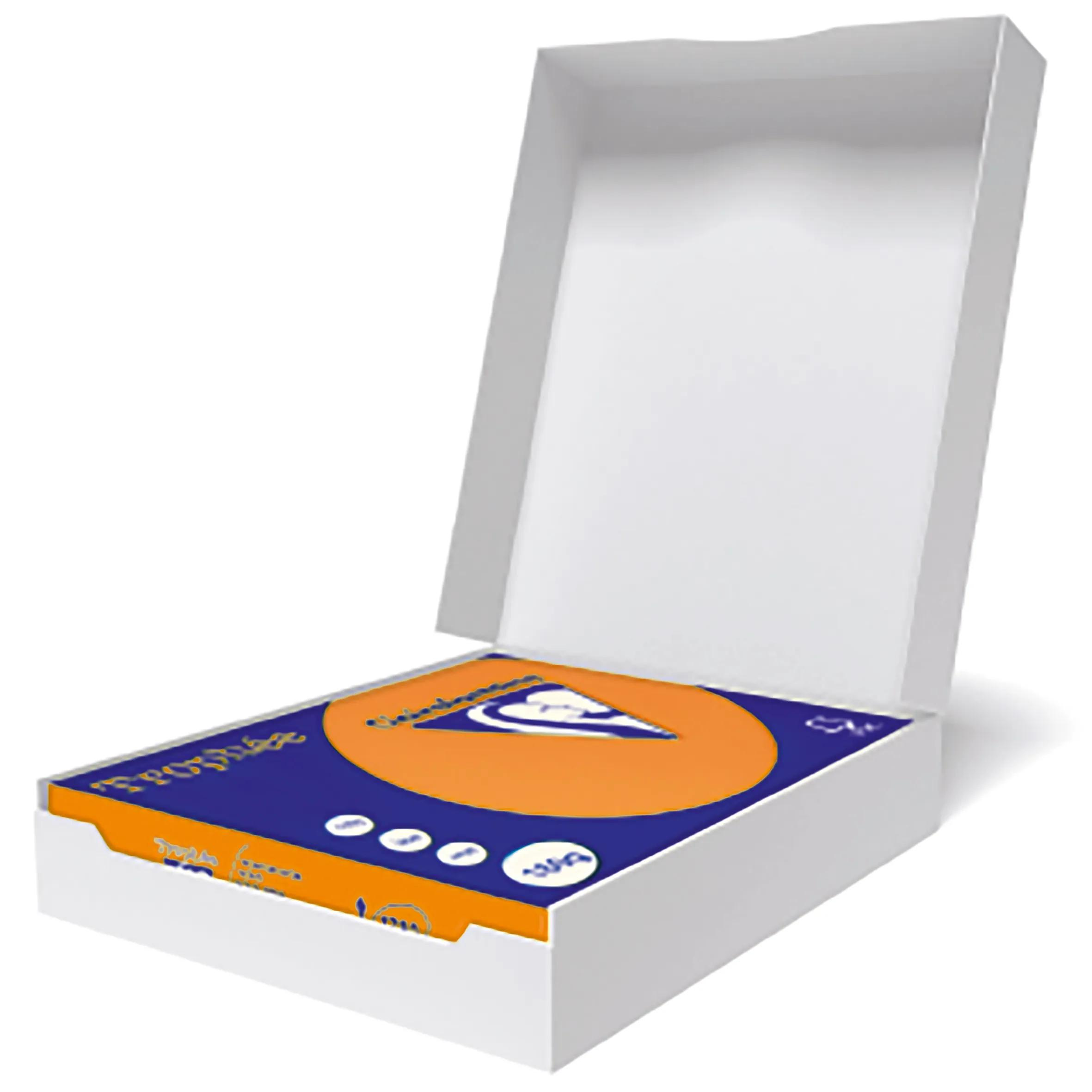 Caja blanca abierta con caja azul y naranja dentro, con logo y texto. Sobre fondo blanco.