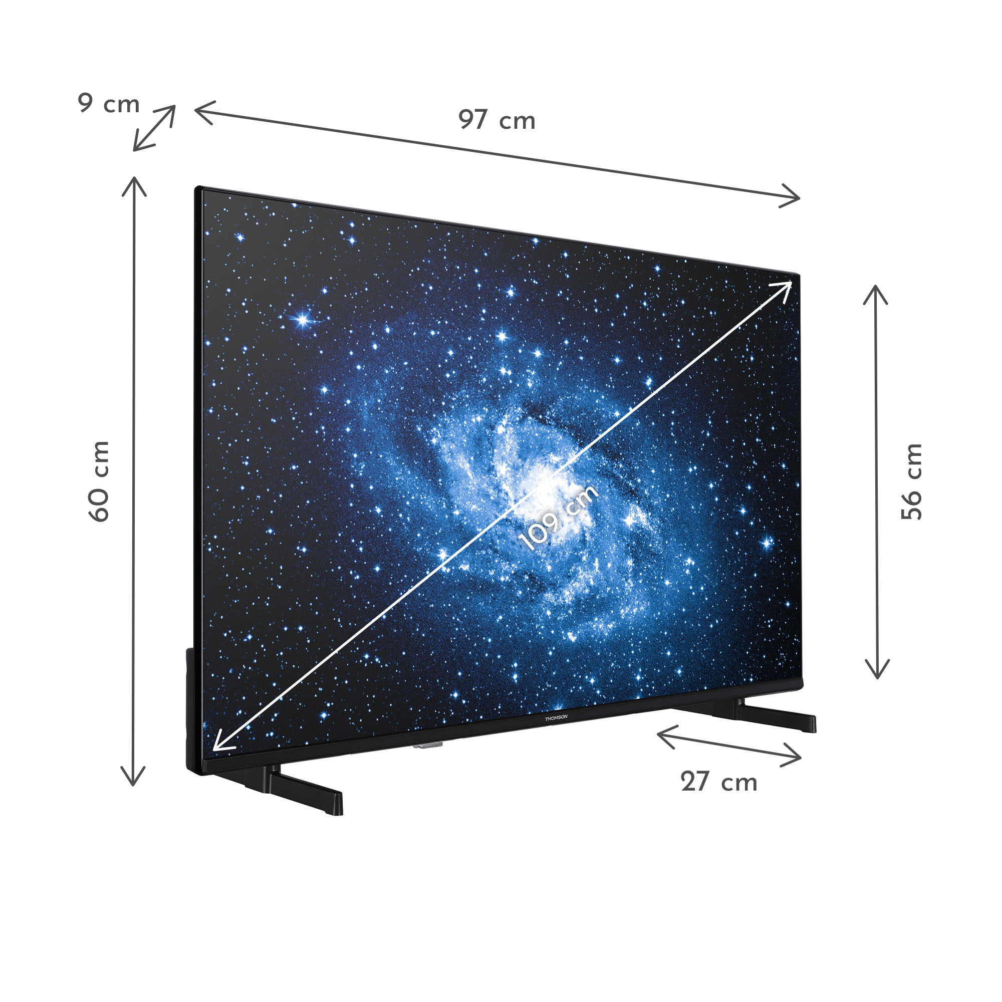 A TV with a space scene. Dimensions are indicated: 9 cm, 97 cm, 60 cm, 56 cm, 109 cm, and 27 cm.