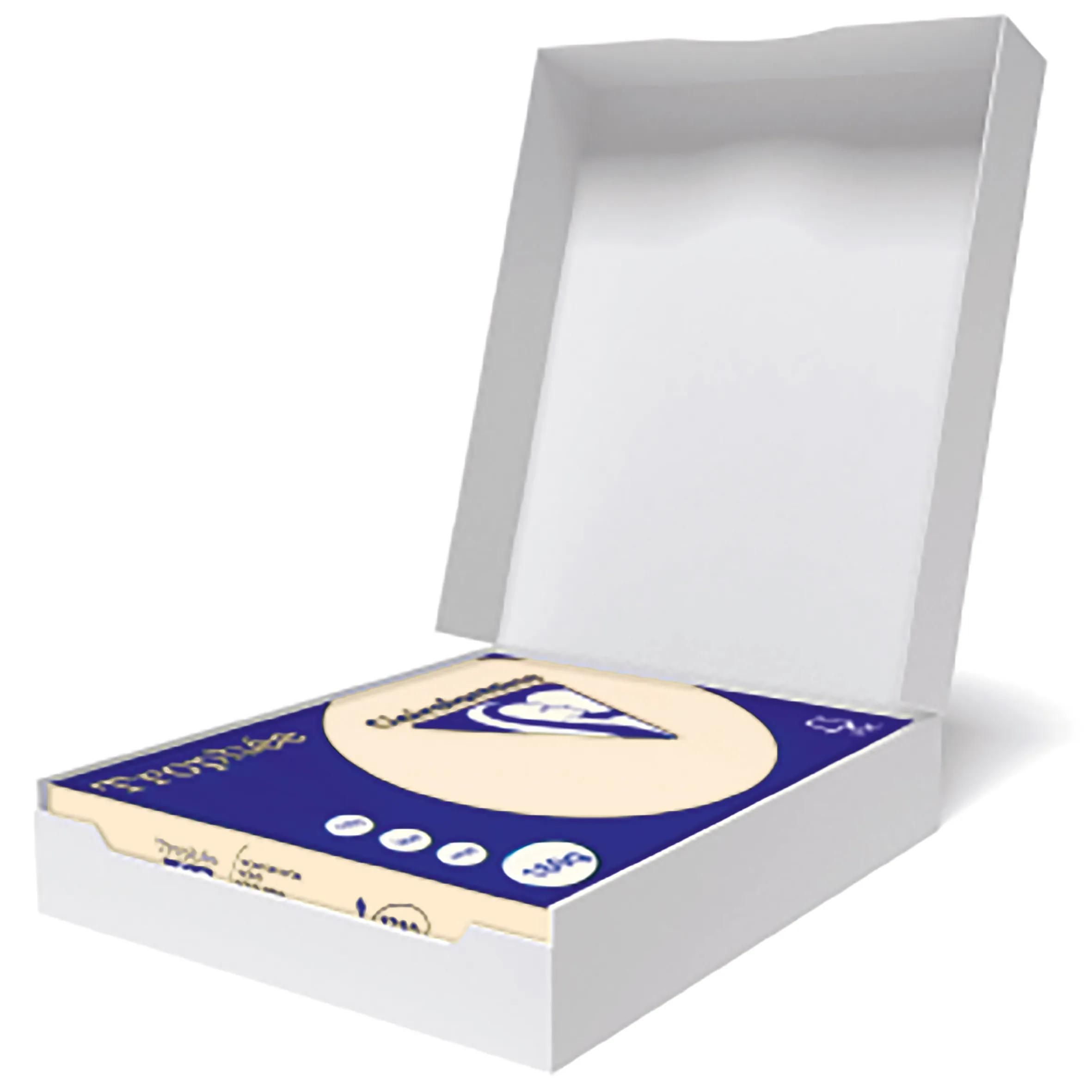Caja blanca abierta con contenido azul y crema. El contenido tiene texto y un logo. Caja sobre fondo blanco.