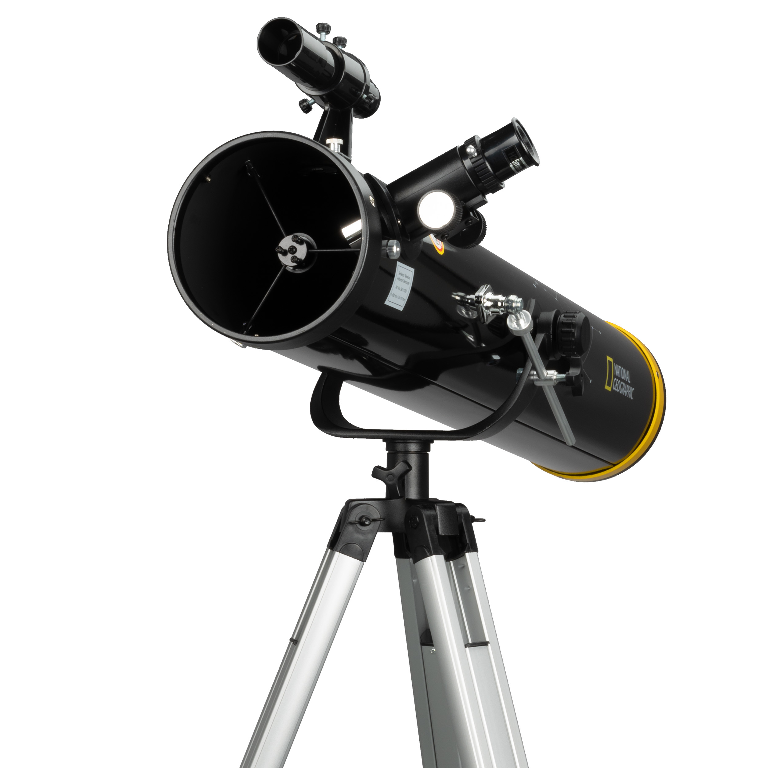 Un telescopio nero su un treppiede argentato. Ha una striscia gialla e un mirino più piccolo sopra.