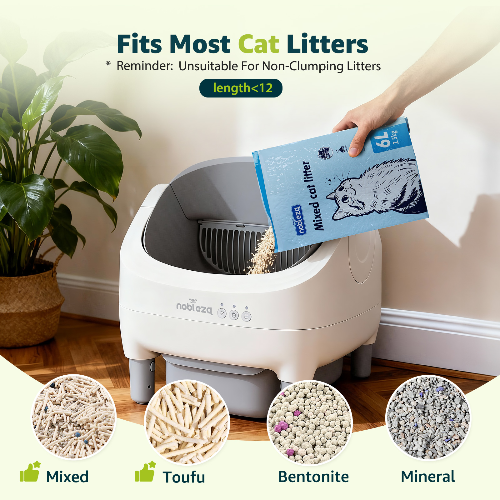 Una persona vierte arena para gatos en una caja de arena automática blanca y gris. Se muestran cuatro tipos de arena debajo.