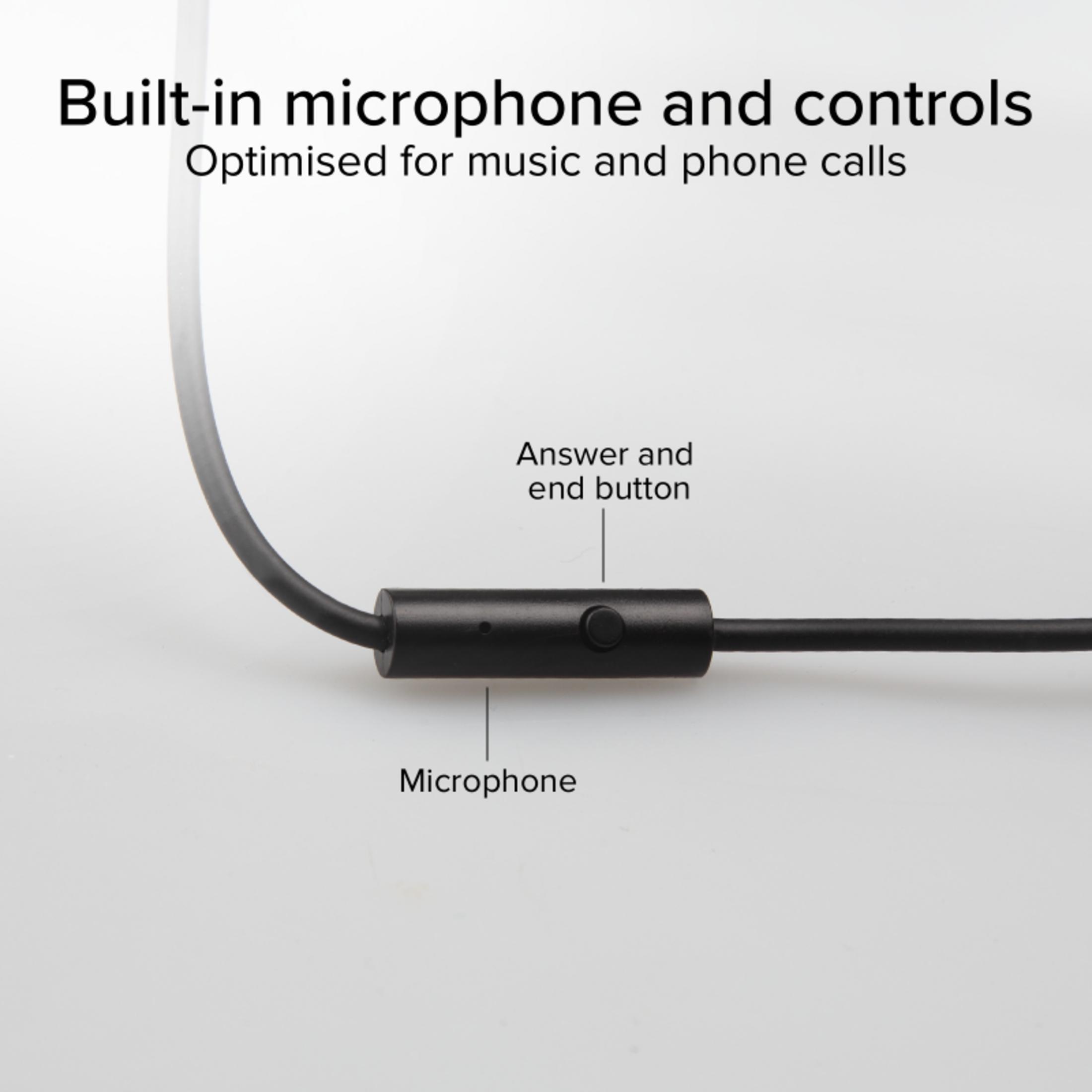 Controllo auricolare nero con microfono e pulsante. Il testo recita: Microfono e controlli integrati, Pulsante di risposta e fine.