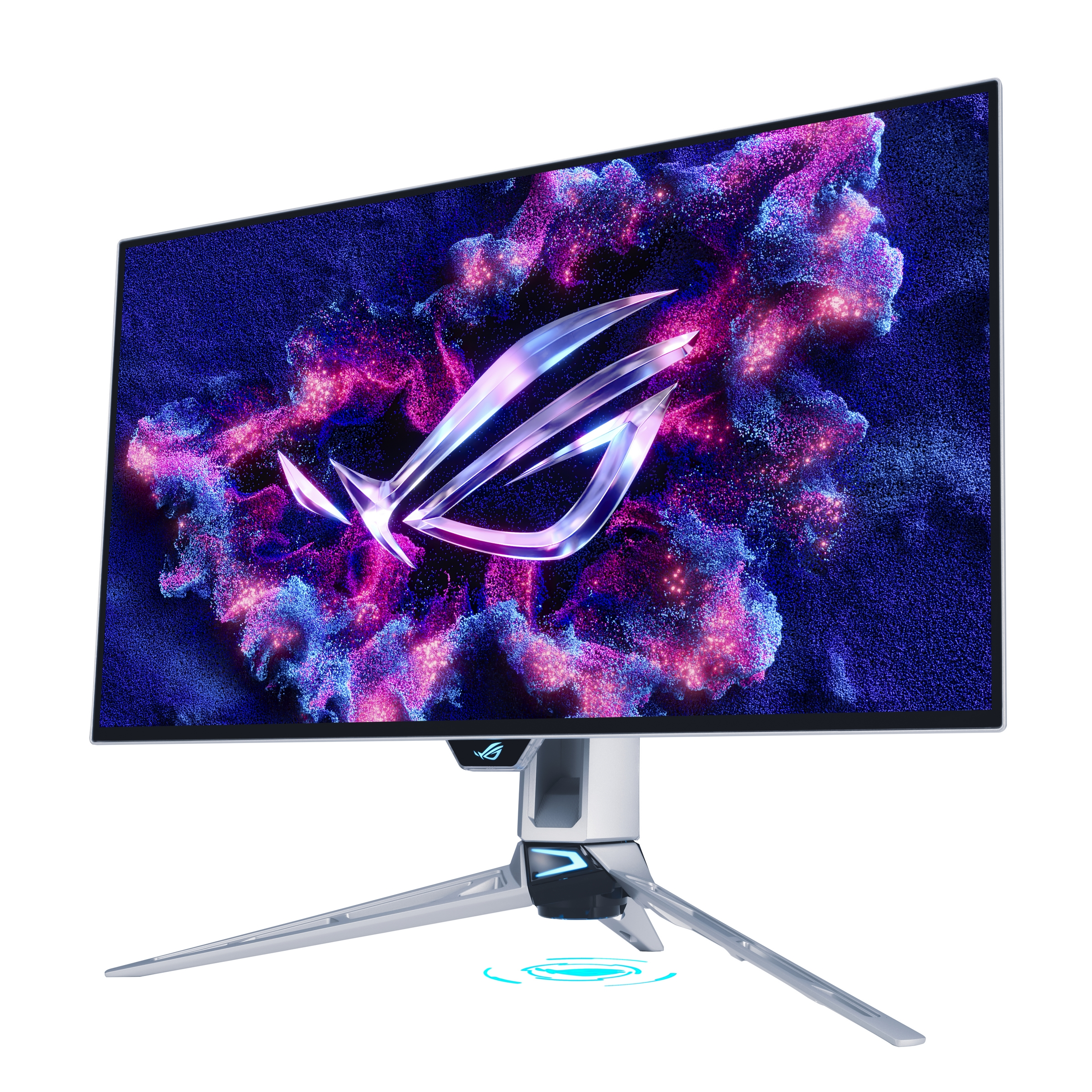 Zakrzywiony monitor do gier z logo ROG wyświetla mgławicę. Ma srebrną podstawę na białym tle.