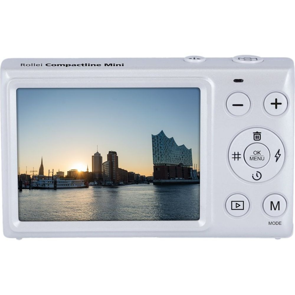 Witte camera toont skyline bij zonsondergang. Gebouwen, water en lucht zichtbaar op scherm. Cameraknoppen rechts.