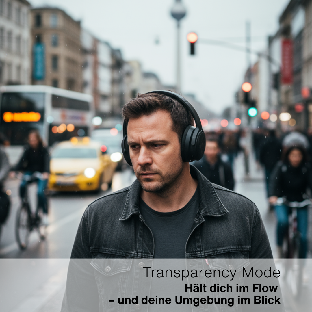 Ein Mann mit Kopfhörern geht auf einer Stadtstraße. Autos, Radfahrer und Fußgänger sind im Hintergrund, es regnet.