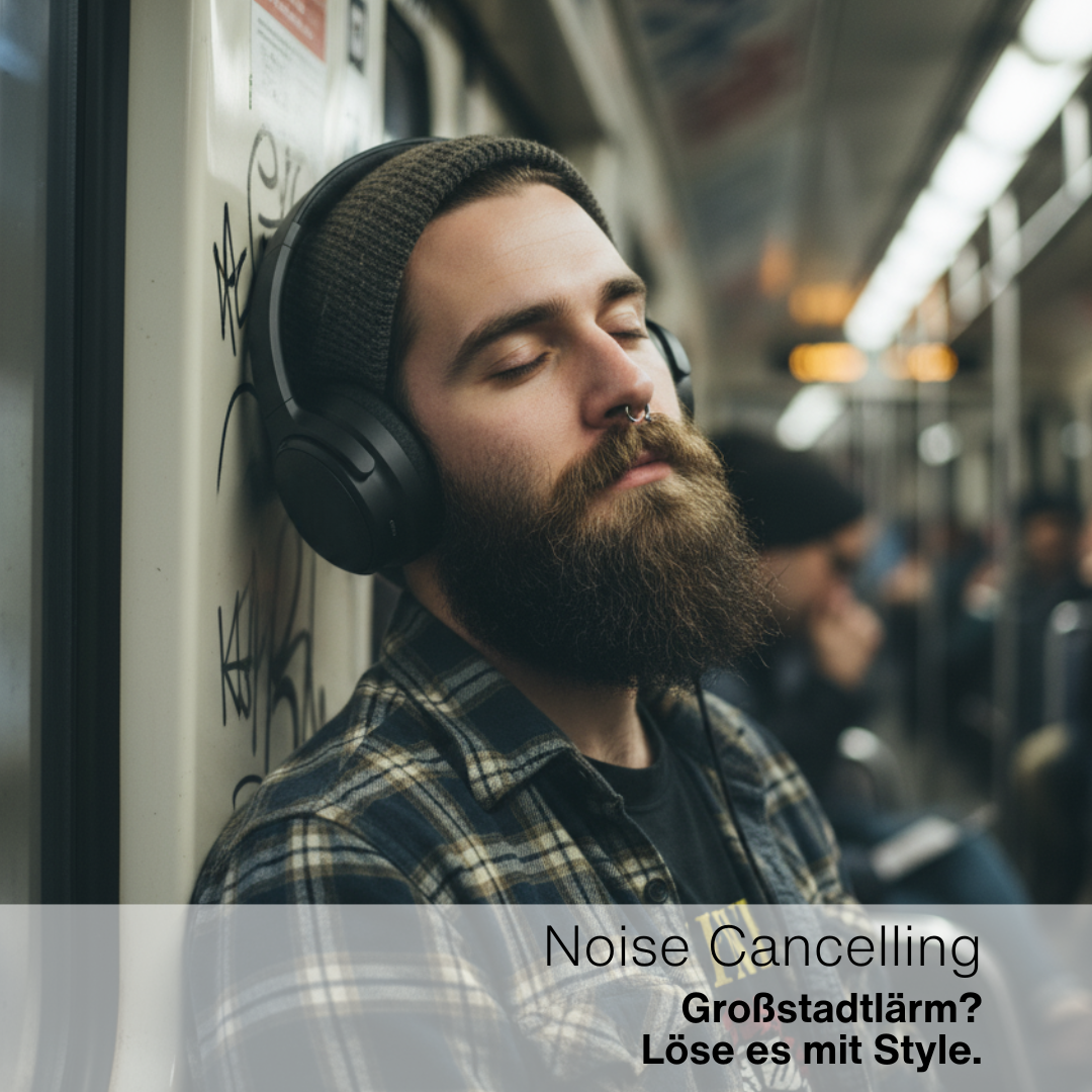 Mann mit Bart, der im Zug Kopfhörer trägt. Er lehnt sich mit geschlossenen Augen an die Wand. Andere Leute sind im Hintergrund.