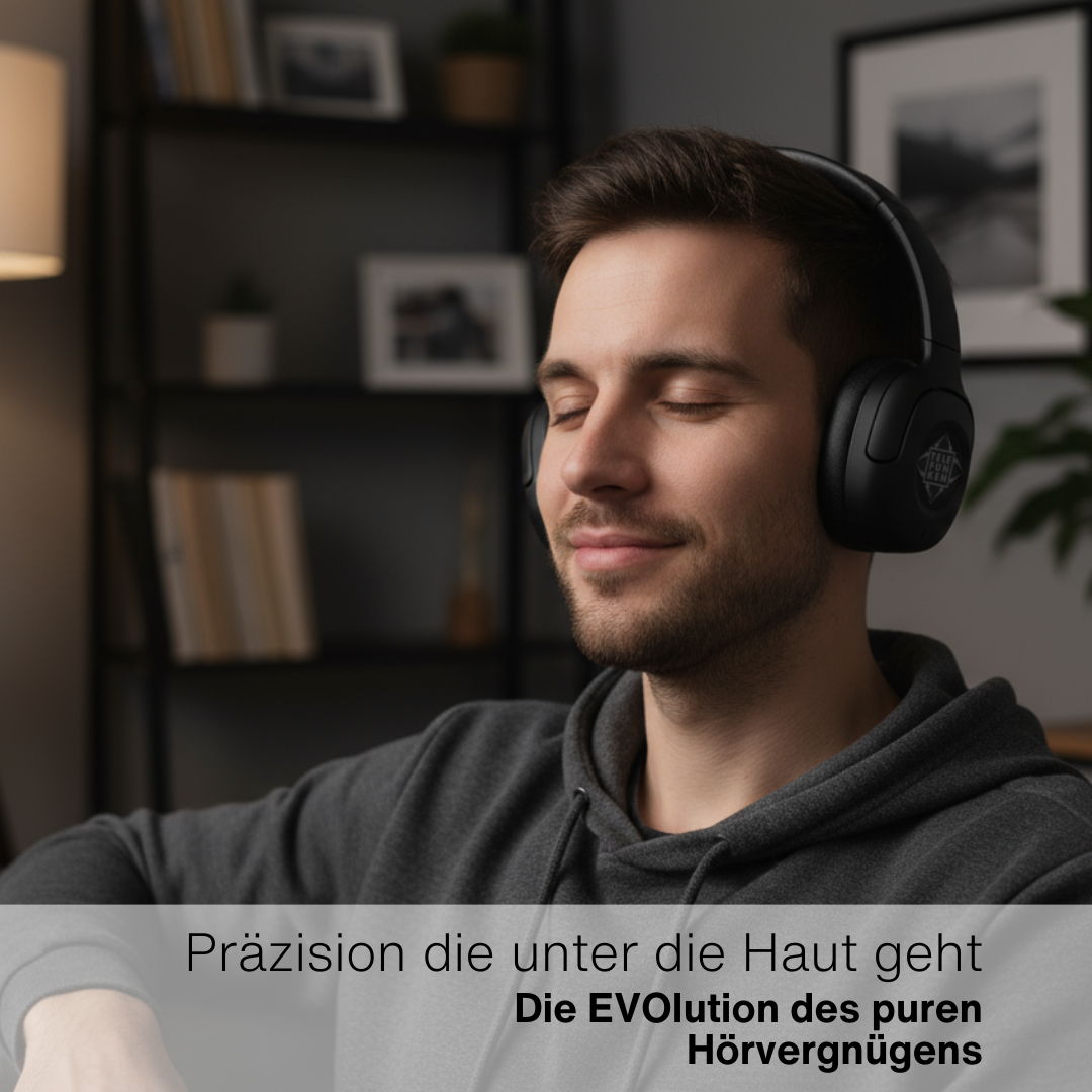 Ein Mann mit schwarzen Kopfhörern schließt lächelnd die Augen. Text darunter: Präzision, die unter die Haut geht, Die Evolution des Hörvergnügens.